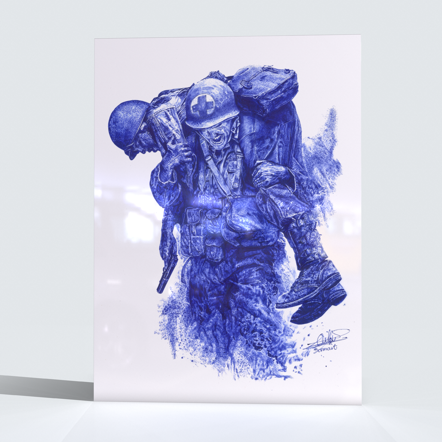 Œuvre d'Art - L'Héroïsme d'un Soldat, un art réalisé au stylo bleu - Impression Métallique Aluminium Dibond - verre acrylique 