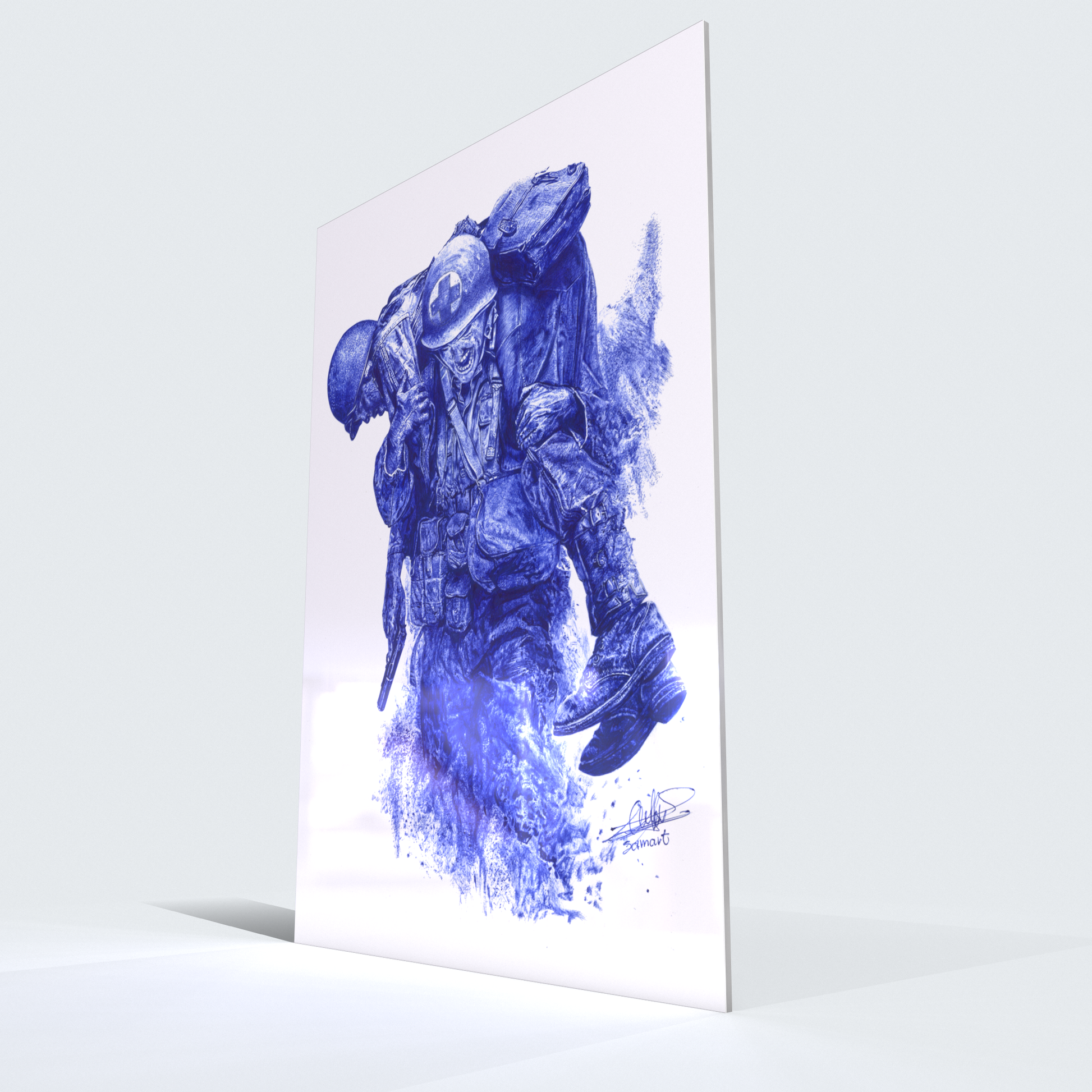 Œuvre d'Art - L'Héroïsme d'un Soldat, un art réalisé au stylo bleu - Impression Métallique Aluminium Dibond - verre acrylique 