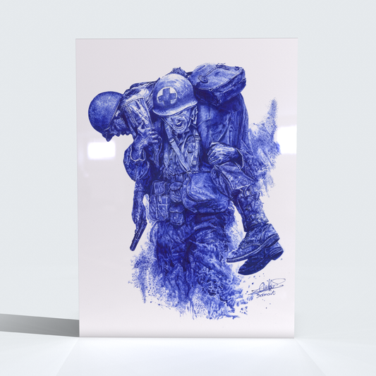 Œuvre d'Art militaire - L'Héroïsme d'un Soldat, un art réalisé au stylo bleu - Impression Métallique Aluminium Dibond - verre acrylique - tableau d'art