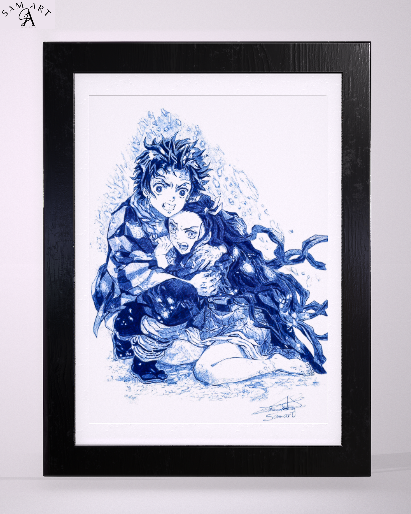 Tableau d'art encadré - Manga art - Kamado Tanjiro et Nezuko-Dessin réalisé au stylo bleu, Œuvre d'art