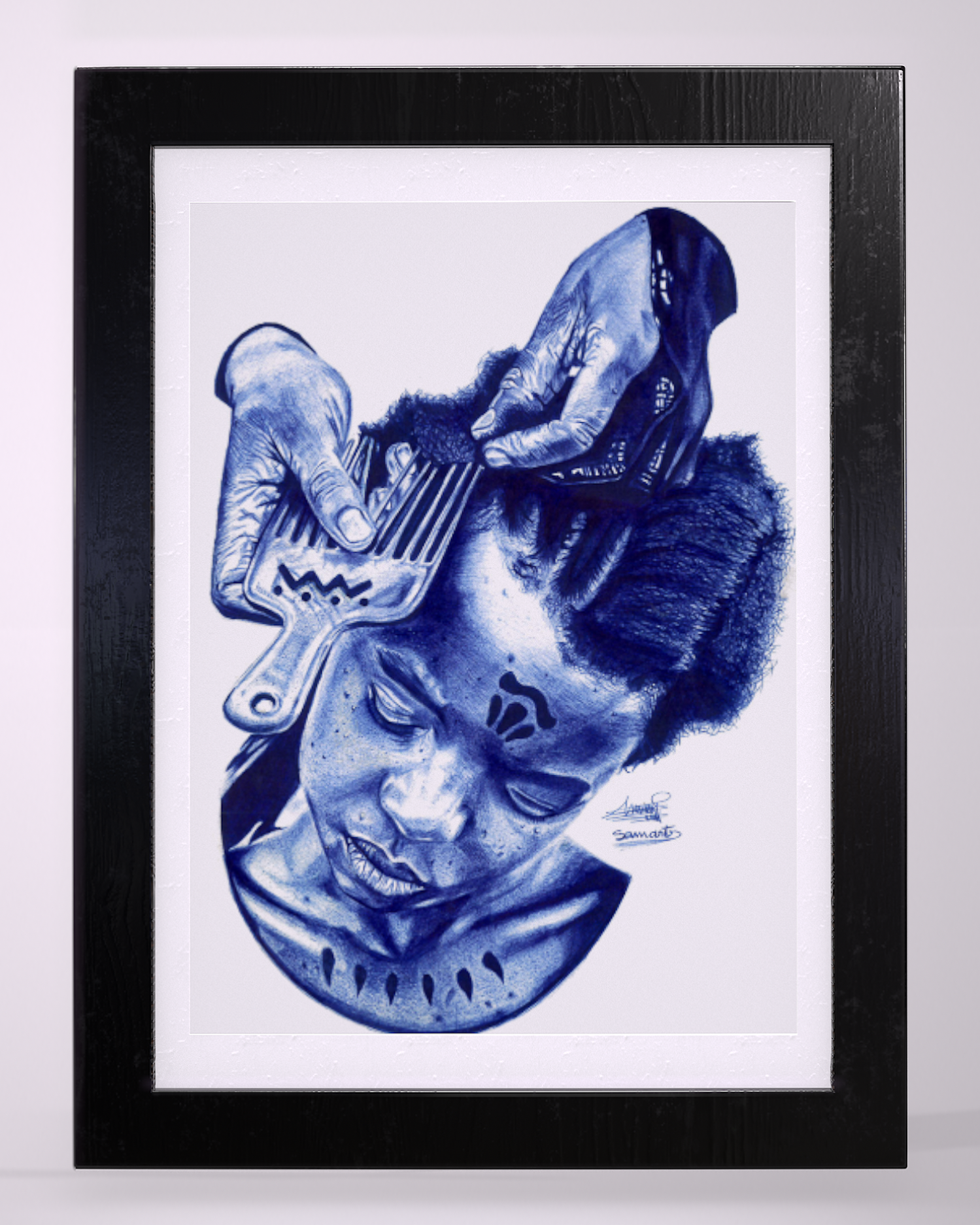 tableau d'art - vente dessin d'art , un portrait en bleu d'une tradition africaine