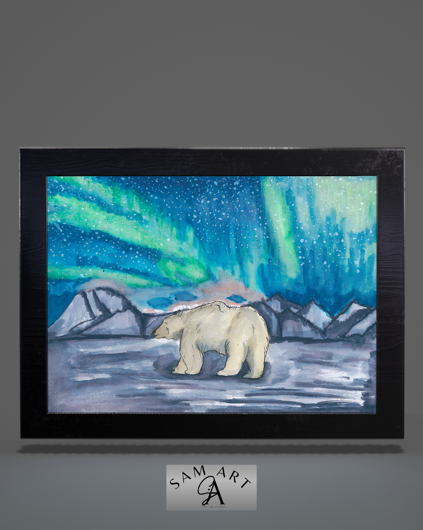 vente d'art - tableau d'art - Peinture à l'Aquarelle - Ours Polaire sous l'Aurore Boréale 