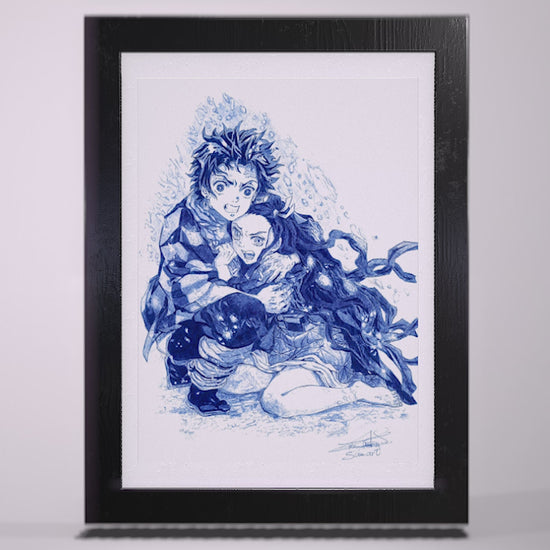 Tableau d'art encadré - Manga art - Kamado Tanjiro et Nezuko-Dessin réalisé au stylo bleu, Œuvre d'art