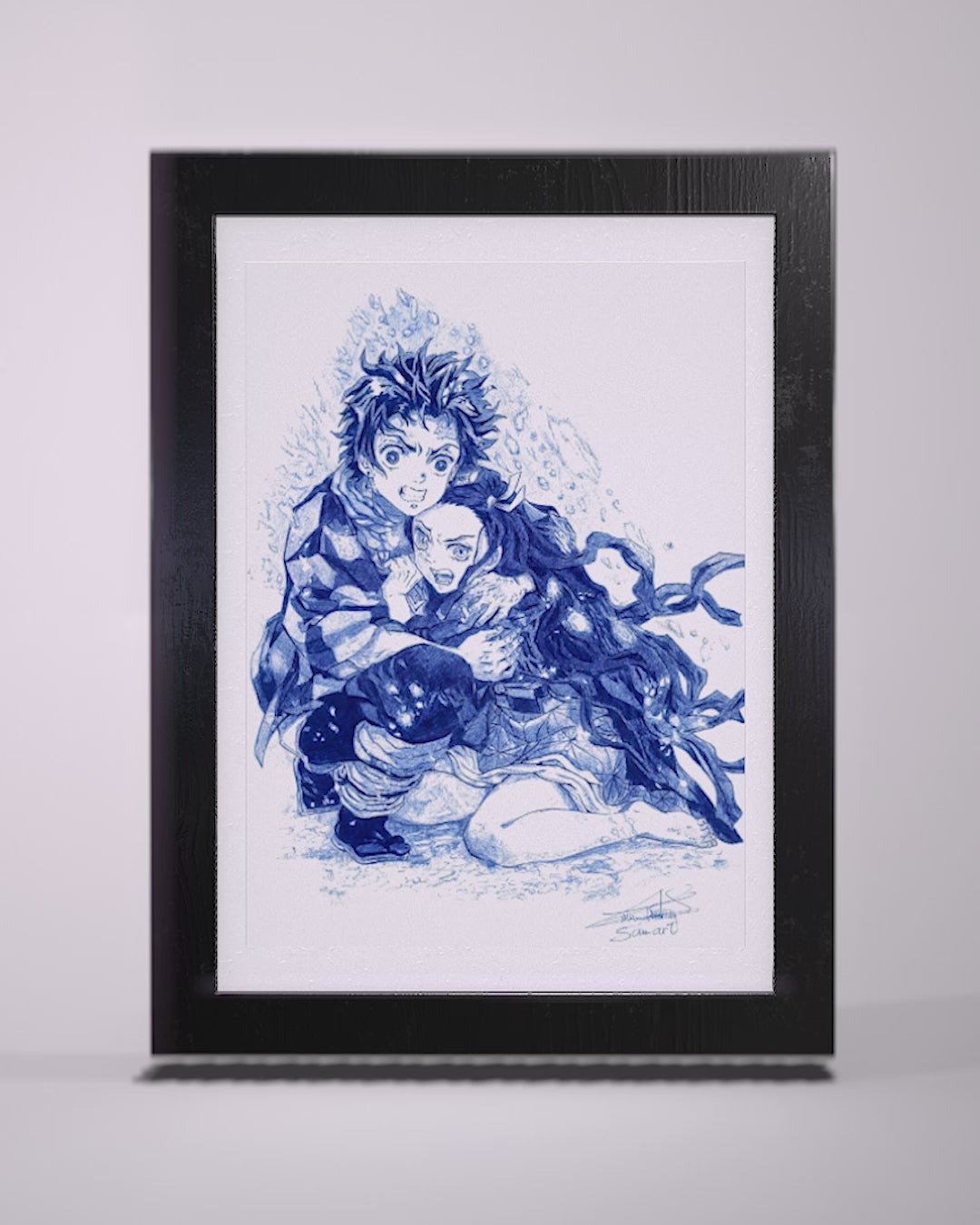 Tableau d'art encadré - Manga art - Kamado Tanjiro et Nezuko-Dessin réalisé au stylo bleu, Œuvre d'art